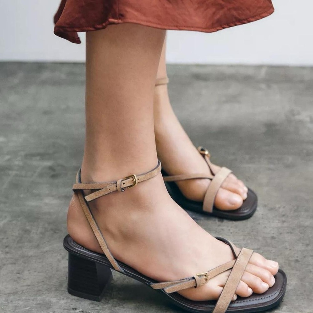 NWT Zara Suede Leather Stacked Heel Strappy Sandals in Tan/Brown - 8